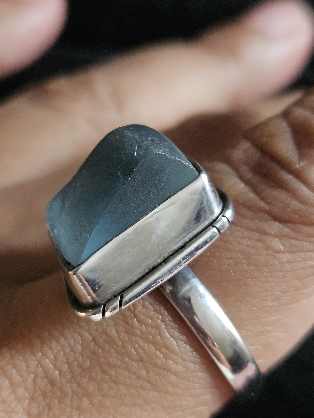 925S Ring with Raw Blue Aquamarine Stone